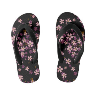 Kids Modern Lavender Purple Wild Flowers on Black Kid's Thongs