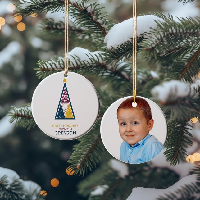 kids modern minimal geometric christmas  ceramic ornament (double sided christmas ornament ideal for a teachers christmas gift. modern grometric tree design )