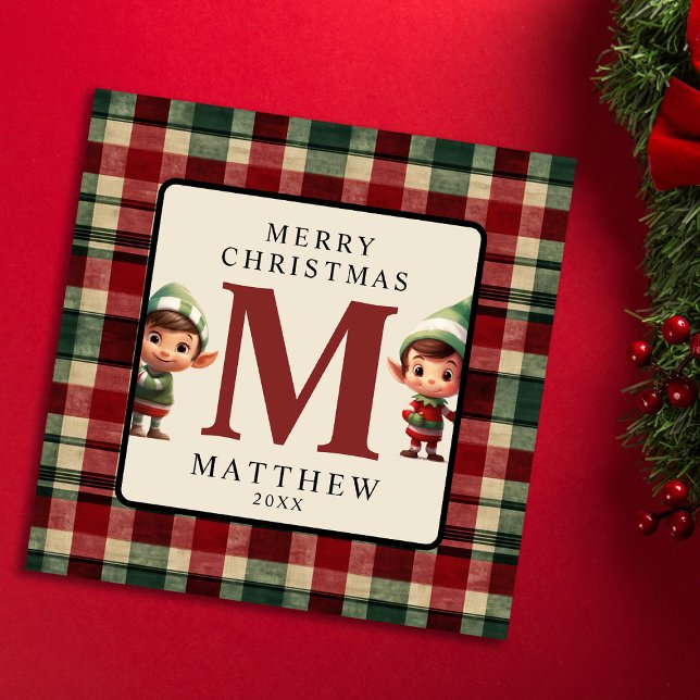 Kids Monogram Christmas Elf Photo Christmas Holiday Card (Creator Uploaded)