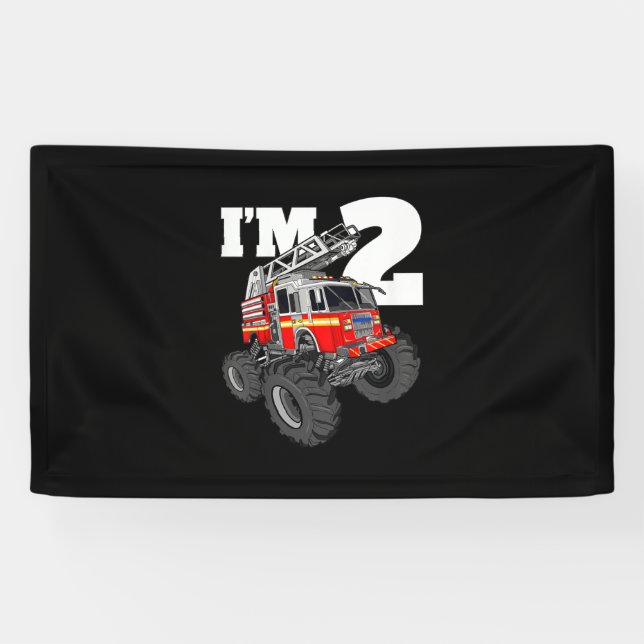 Kids Monster Fire Truck 2nd Birthday Boy 2 Toddler Banner (Horizontal)