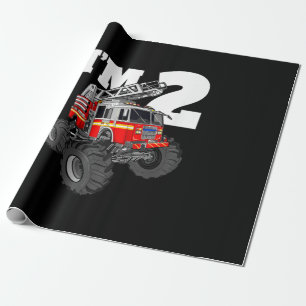 Kids Monster Fire Truck 2nd Birthday Boy 2 Toddler Wrapping Paper
