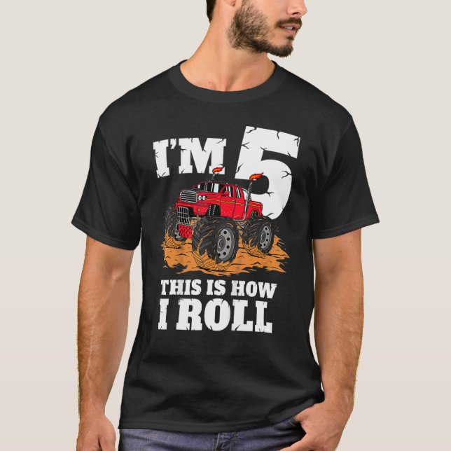 Kids Monster Truck 5th Birthday Boy 5 Year Old  Te T-Shirt (Front)