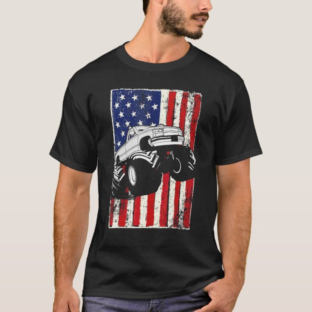 Kids Monster Truck American Flag Racing Usa Patrio T-Shirt (Front)