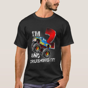 Kids Monster Truck Birthday I'm 2 and Crushing It T-Shirt