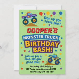 Kids Monster Truck Birthday Party Green Invitation