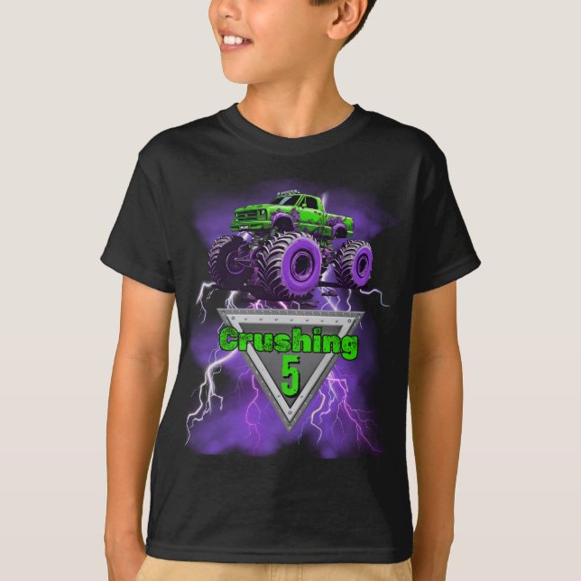 Kids Monster Truck Crushing "Age" Birthday T-shirt (Front)