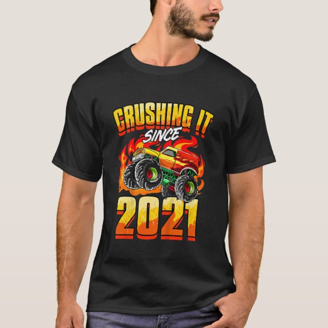 Kids Monster Truck Crushing It Since 2021 Kids Bir T-Shirt (Front)