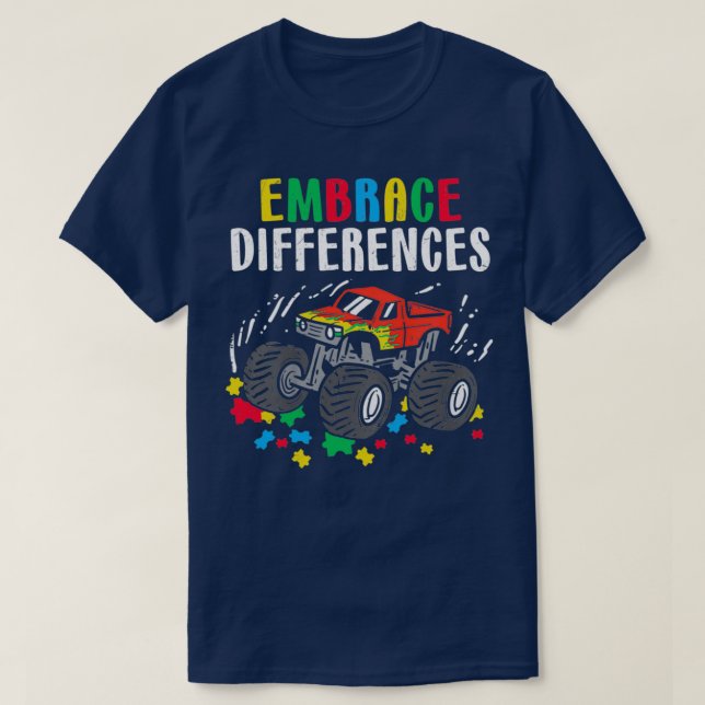 Kids Monster Truck Embrace Differences Autism Awar T-Shirt (Design Front)