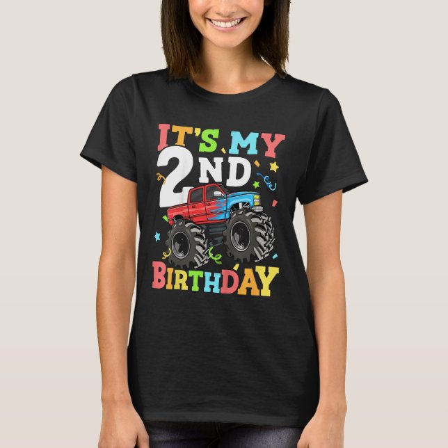 Kids Monster Truck Its My 2nd Birthday Boy Two 2 T T-Shirt (Front)