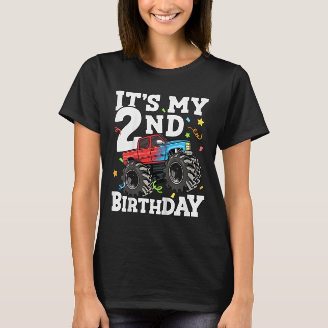 Kids Monster Truck Its My 2nd Birthday Boy Two 2 T T-Shirt (Front)