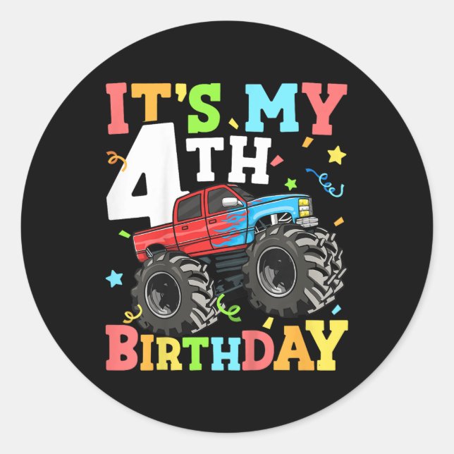Kids Monster Truck Its My 4th Birthday Boy 4 Four  Classic Round Sticker (Front)