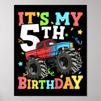 Kids Monster Truck Its My 5th Birthday Boy 5 Five  Poster