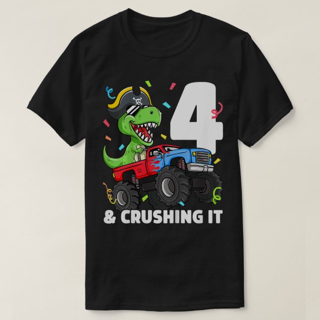 Kids Monster Truck TRex Pirate 4th Birthday Boy 4  T-Shirt (Design Front)