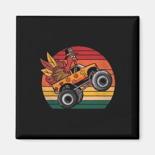 Kids Monster Truck Turkey Sunset Retro Thanksgivin Magnet