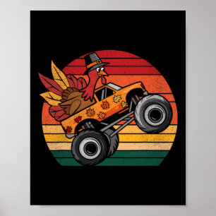 Kids Monster Truck Turkey Sunset Retro Thanksgivin Poster