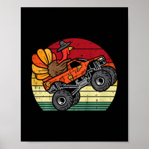 kids monster truck turkey sunset retro thanksgivin poster