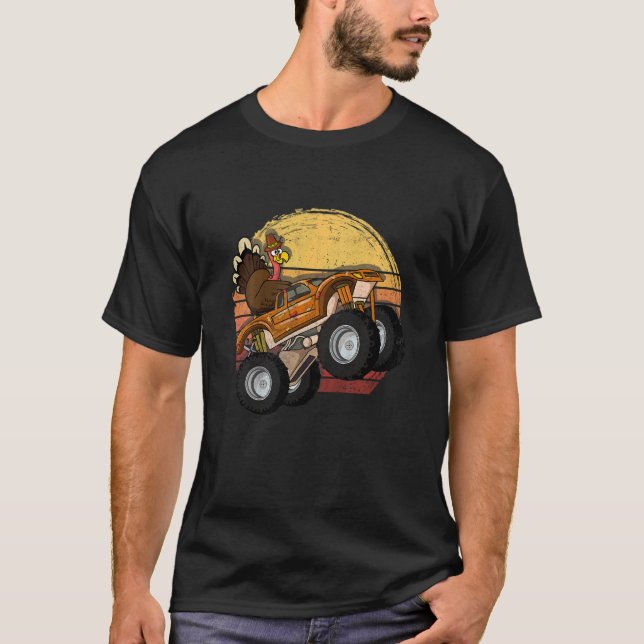 Kids Monster Truck Turkey Sunset Retro Thanksgivin T-Shirt (Front)
