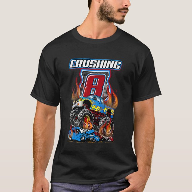 Kids Monster Trucks 8th Birthday Party  Crushing 8 T-Shirt (Front)