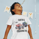 Kids Monster Trucks Birthday T-Shirt<br><div class="desc">Rev up the fun with our Kids Monster Car Trucks personalised birthday t-shirt! Your child's name and age will be proudly displayed alongside adorable and vibrant monster car trucks, flags, and gold cups. This is the ultimate birthday shirt for any young car lover. So get ready to hit the road...</div>