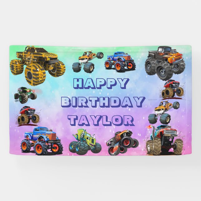 Kids Monster Trucks Race Car boy Birthday Party  Banner (Horizontal)