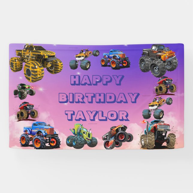 Kids Monster Trucks Race Car boy Birthday Party  Banner (Horizontal)