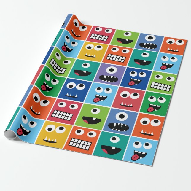 Kids Monsters Pattern Monster Faces Colourful Funn Wrapping Paper (Unrolled)