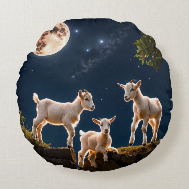 "Kid's Moonlight Flight: Whimsical Baby Goat Pillo Round Cushion (Front)