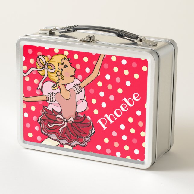 Kids name ballerina blonde girl red pink lunch box (Front)