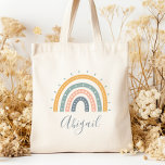 Kids Name Boho Pastel Earth Tones Tote Bag<br><div class="desc">This tote bag features a boho rainbow in muted pastel earth tones of grey,  peach,  green and gold. Personalise it with her name in grey handwriting script.</div>