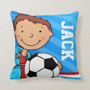 Kids name boys football soccer blue pillow cushion