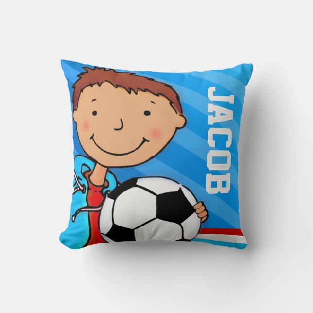 Kids name boys football soccer blue pillow cushion (Front)