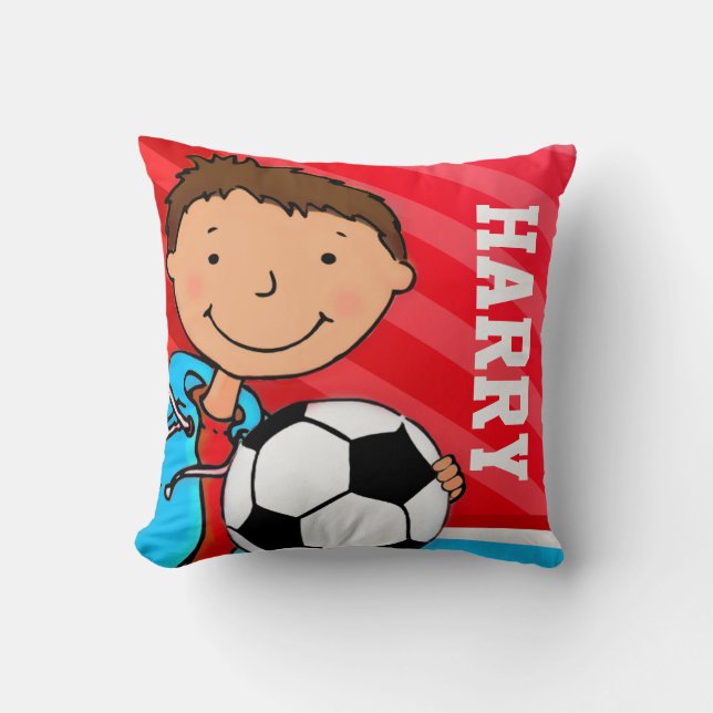 Kids name boys football soccer red blue pillow (Front)