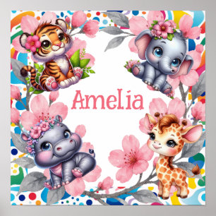 Kids Name & Floral Baby Jungle Animals Nursery Poster