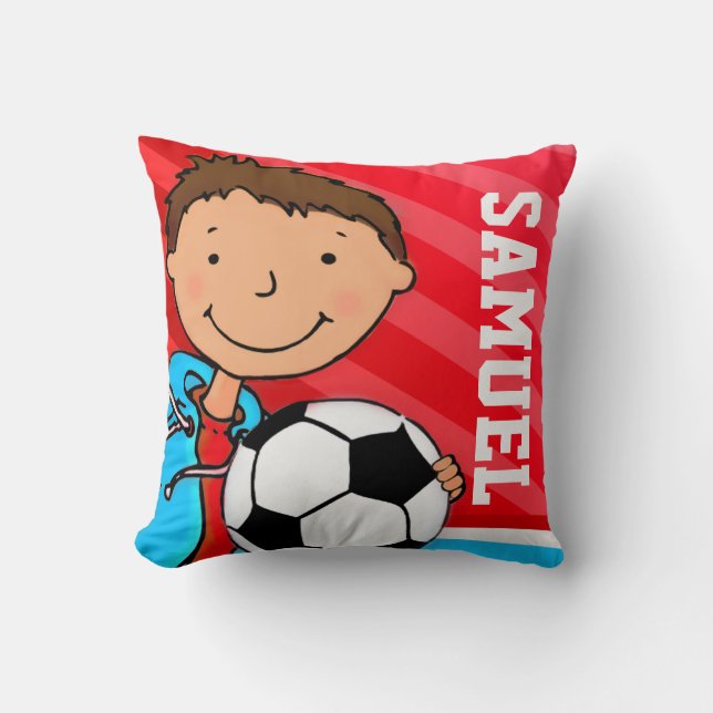 Kids name nephew football soccer red blue pillow (Front)