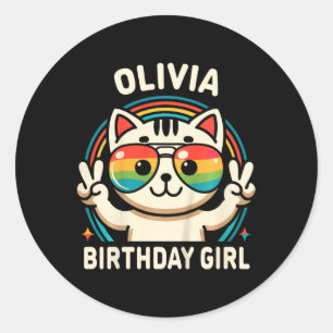 Kids Name Olivia Birthday Girl Cat Classic Round Sticker