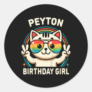 Kids Name Peyton Birthday Girl Cat Classic Round Sticker