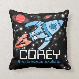 Kids name rocket space explorer blue Corey pillow