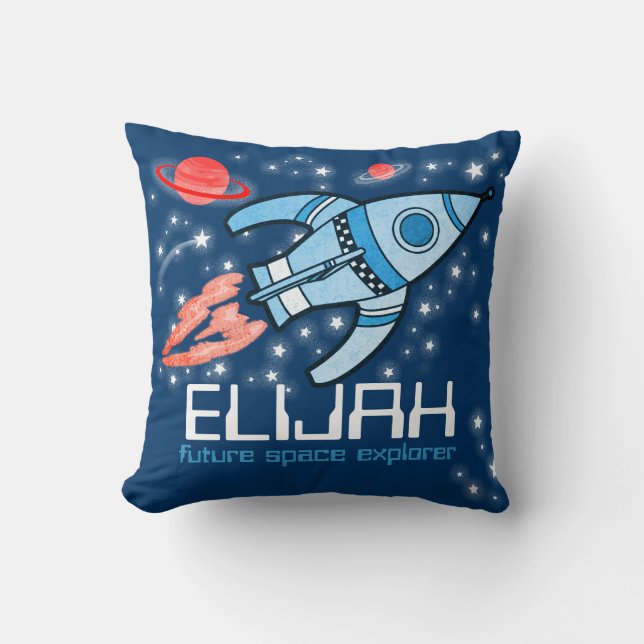 Kids name rocket space explorer blue Elijah pillow (Front)