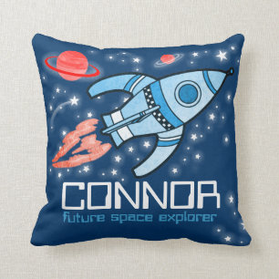 Kids name rocket space explorer blue pillow