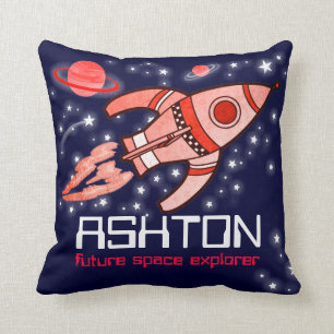Kids name rocket space explorer navy red pillow