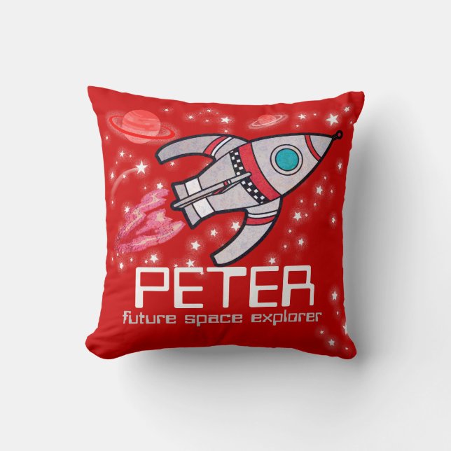 Kids name rocket space explorer red pillow (Front)