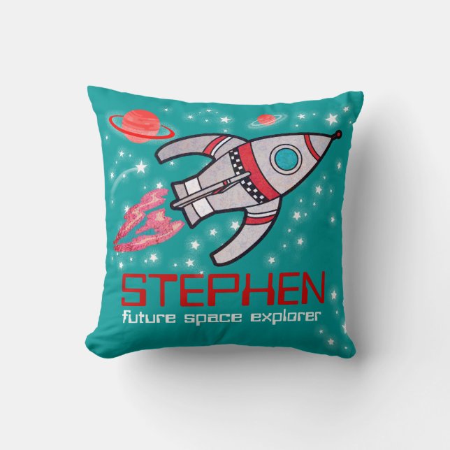 Kids name rocket space explorer red teal pillow (Front)