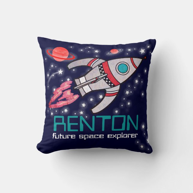 Kids name rocket space explorer teal blue pillow (Front)