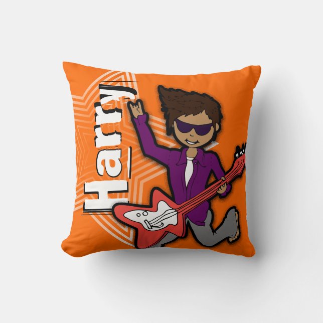 Kids name rockstar guitar boy orange & grey pillow (Front)