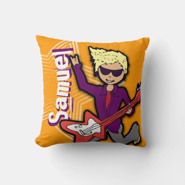 Kids name rockstar guitar orange & purple pillow (Front)