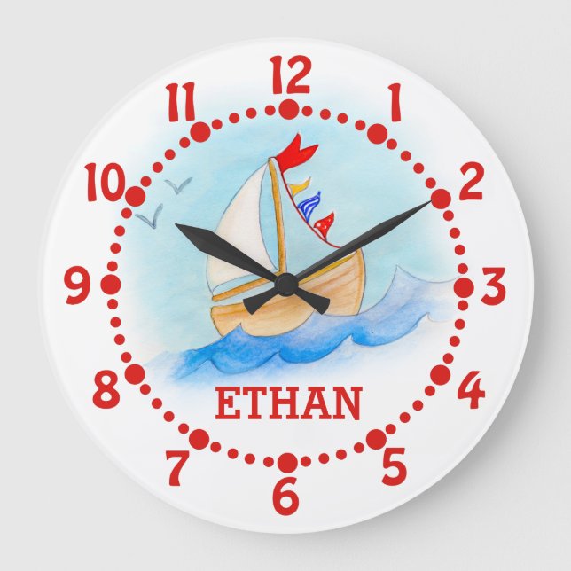 Kids name sailing boat art blue white wall clock (Front)