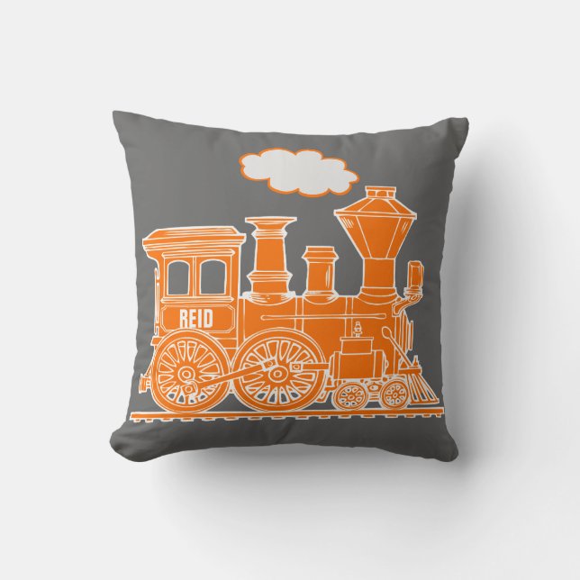 Kids name steam train orange grey throw pillow (Front)