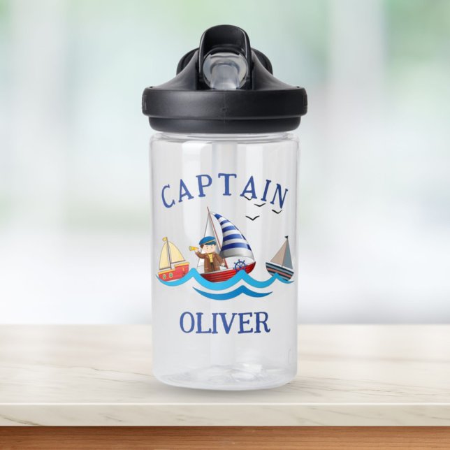 Kids Nautical Boat Captain Personalised Water Bottle (Creator Uploaded)