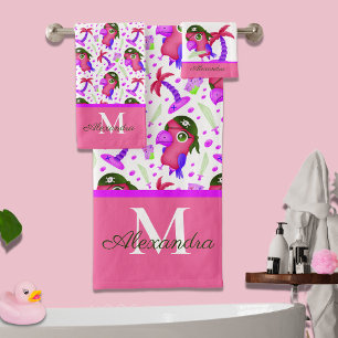 Kid's Nautical Pink Purple Pirate Parrot Bath Towel Set