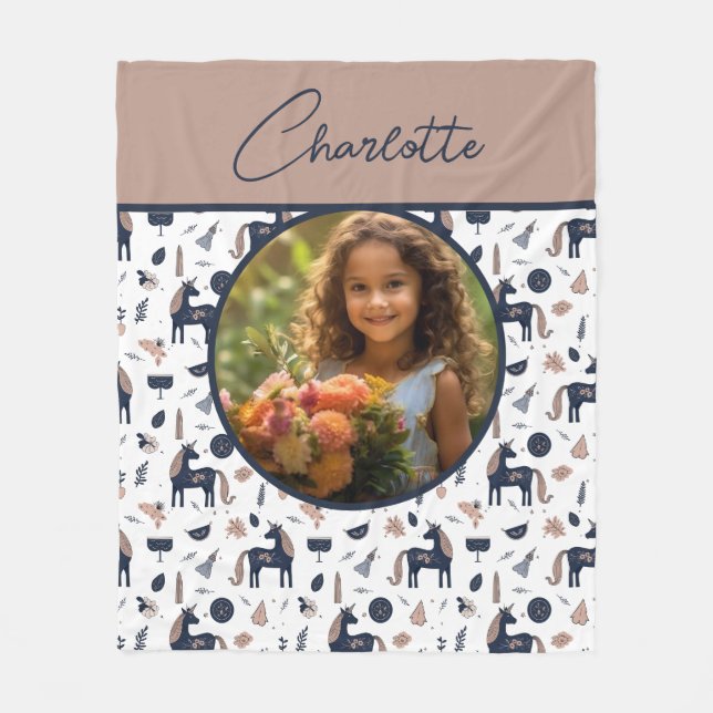 Kids Navy Beige Unicorn Custom Photo with Name Fleece Blanket (Front)